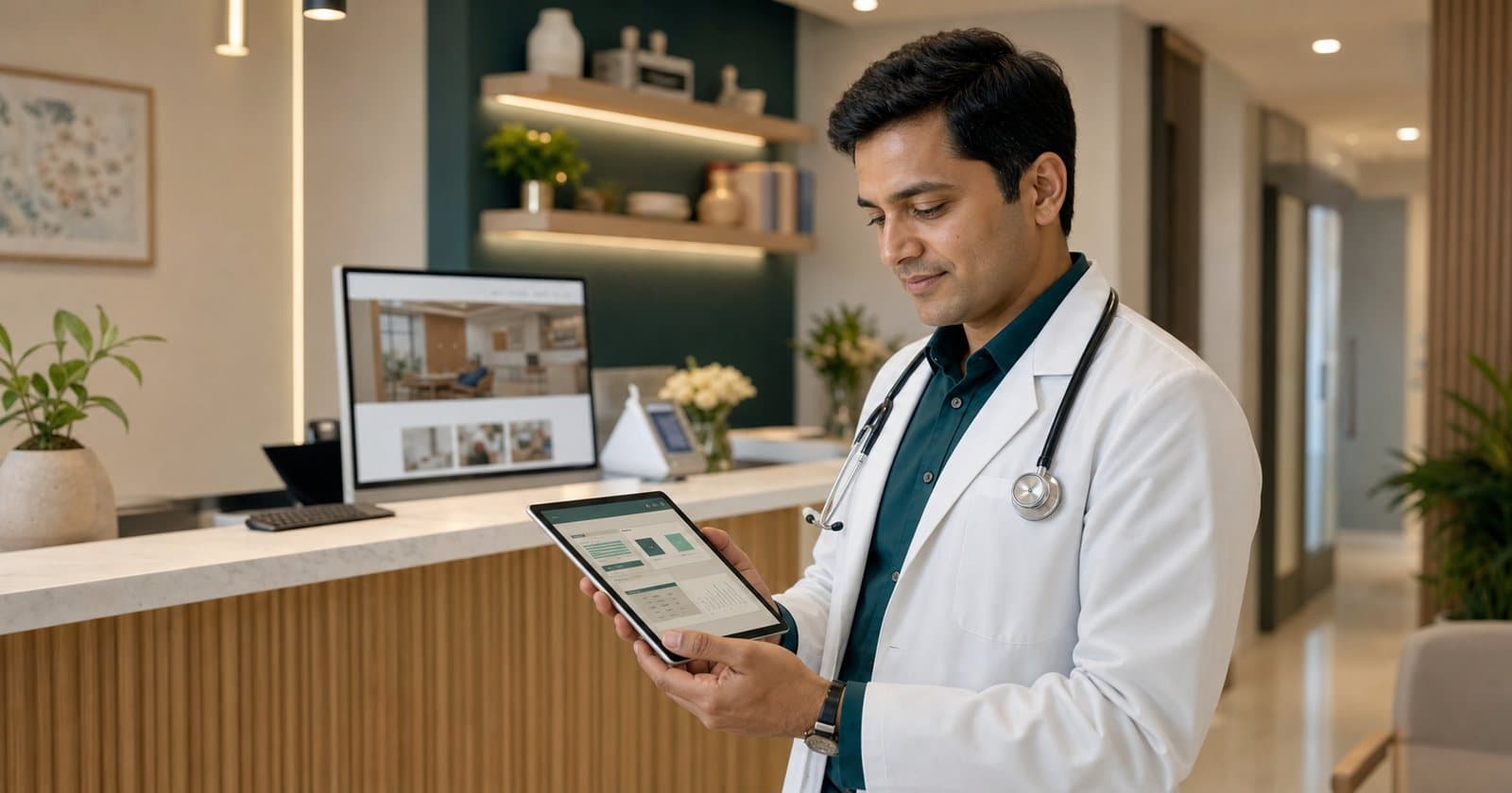 A doctor reviewing the Clinic OS dashboard at a clinic reception desk